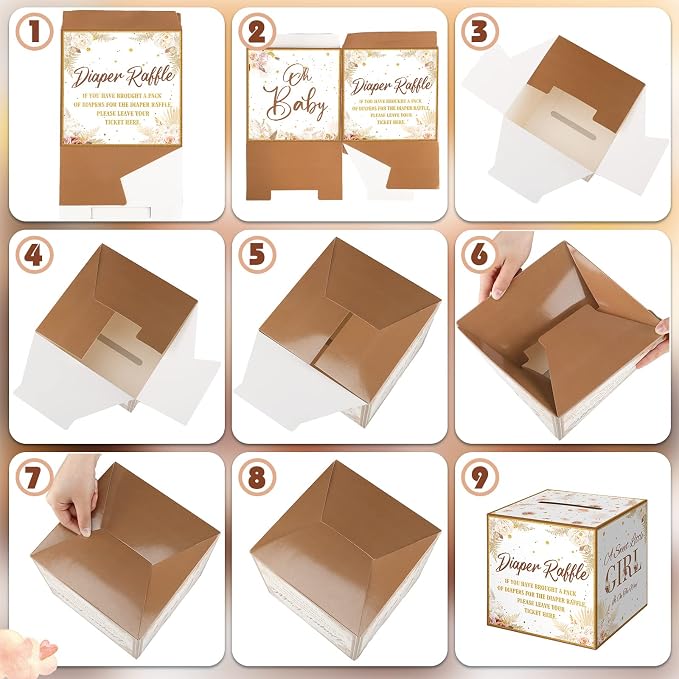 Teling 51 Pieces Diaper Raffle Tickets with Card Box Baby Shower Decorations Baby Shower Holder Box for Girl Boy Diaper Raffle Party(Boho Pampas Grass Dried Flower)