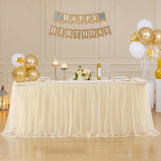 4 Pack 6ft Champagne Tulle Tablecloths for Rectangle Tables, 72 x 30 Inch Rectangular Table Cloth, Wrinkle Free Table Cover with Tutu Skirt for Wedding Birthday Party Banquet Buffet Decorations