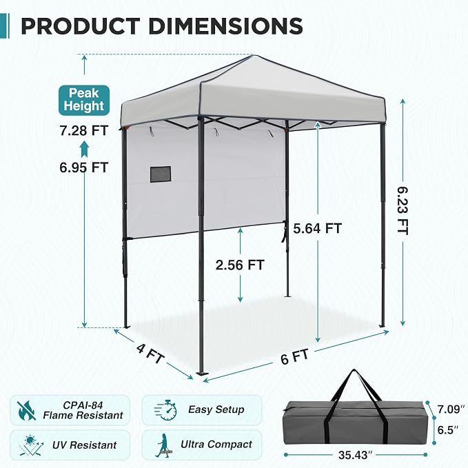 EAGLE PEAK 6x4 Instant Pop Up Canopy Tent with 1 Half Wall Panel, Straight Leg Sun Shelter, Portable Canopy with Carry Bag for Camping, Beach & Sports, Gray