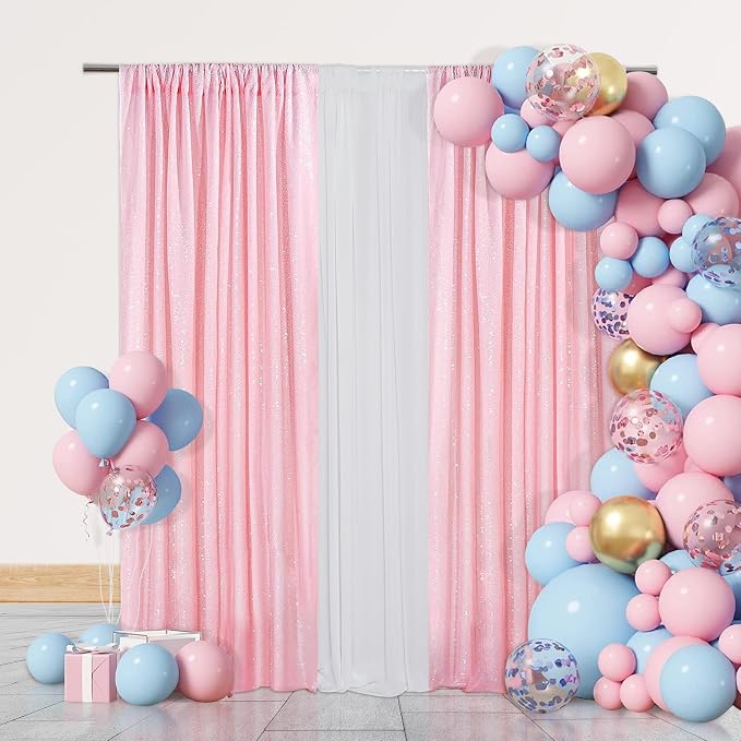 PartyDelight Pink Sequin Backdrop Curtains 2x8ft 2 Panels | 3mm stitched sequin curtain with 4 inch rod pocket for 2x8ft 2 panel doorway window side drape narrow photo booth strip