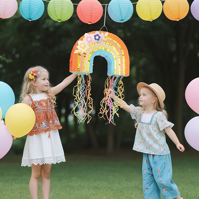 WERNNSAI Rainbow Piñata - Rainbow Pull String Piñata with Bundle with Blindfold and Bat for Girls Kids Boho Theme Birthday Party Decoration Game for Baby Shower Carnival Summer Party Supplies