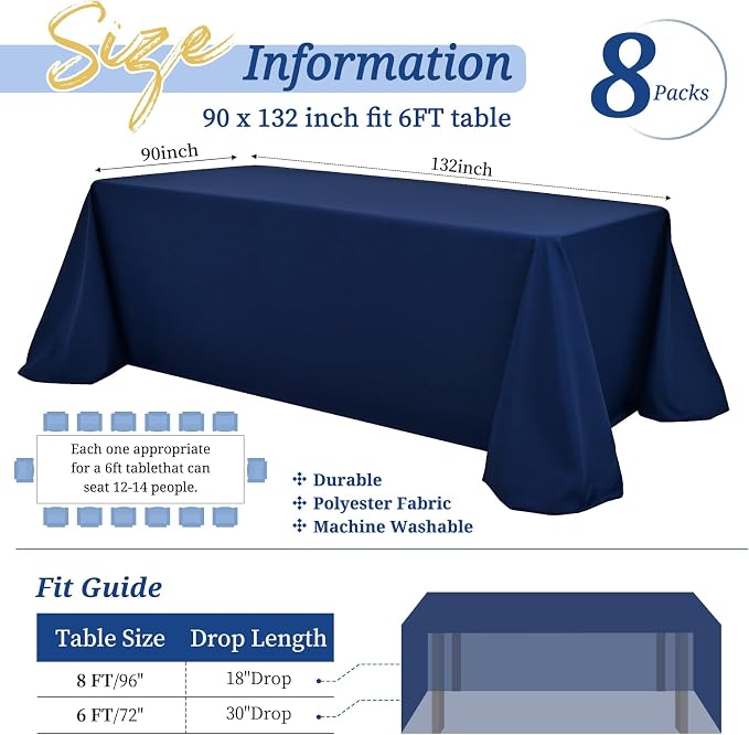 Showgeous 8 Pack Navy Blue Rectangle Tablecloths 90 x 132 Inch, Wrinkle & Stain Resistant, Polyester, Perfect for 6ft Table, Weddings, Parties
