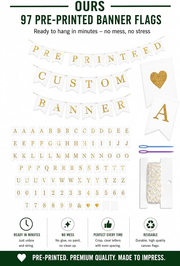 Pre-Printed Banner Kit – 97 White CANVAS Flags with GOLD Letters, Numbers & Symbols, Reusable DIY Custom Banner, Make Your Own Personalized Party Banner, Faux Burlap, Includes Twine & 2 Needles