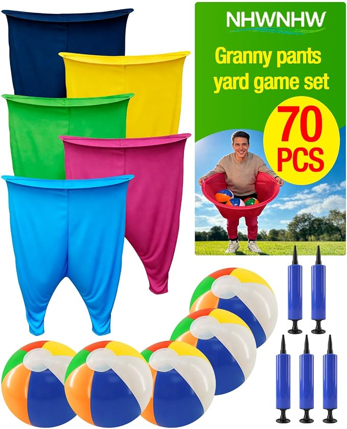 Granny Pants Yard Game Set Fun Outdoor Tossing & Catching Game with Bouncy Balls and Hula Hoop Pants for Backyard BBQ, Family Reunion and Party