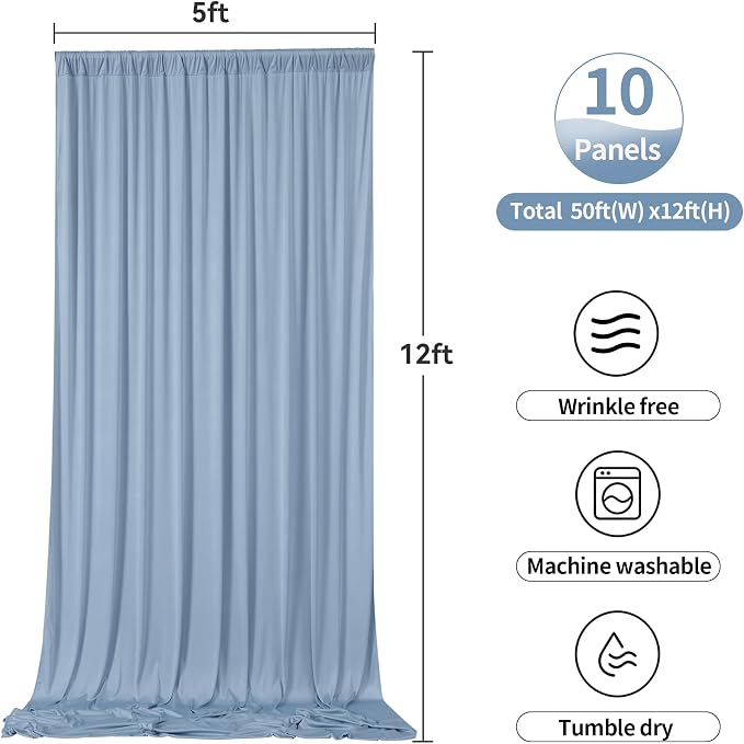 50ftx12ft Dusty Blue Backdrop Curtains for Parties, Wrinkle Free Polyester Photo Backdrop Drapes 10 Panels 12 ft Long Back Drop Cloth Drapery for Wedding Birthday Photography Background Party