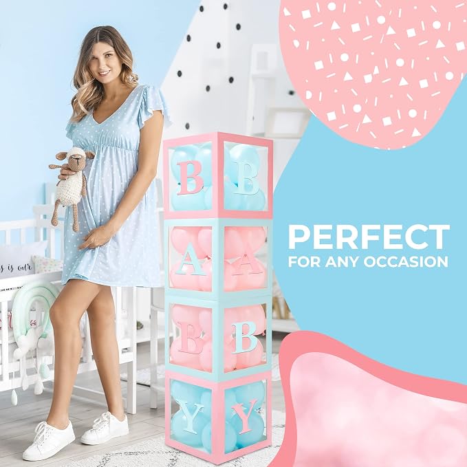 44-Piece Baby Shower Decorations for Boy or Girl - 4 Boxes with Letters and 32 Balloons - Macaron Blue and Pink - Gender Reveal Party Supplies - Complete Decoration Kit