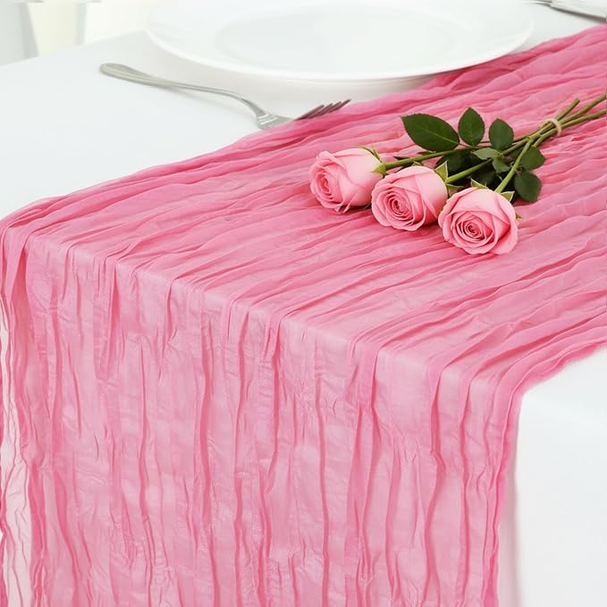 3 Pack Rose Pink Cheesecloth Table Runner 120 Inch 10FT Cheese Cloth Fabric Runners for Baby Shower, Valentine's Day, Wedding Decoration, Birthday Party