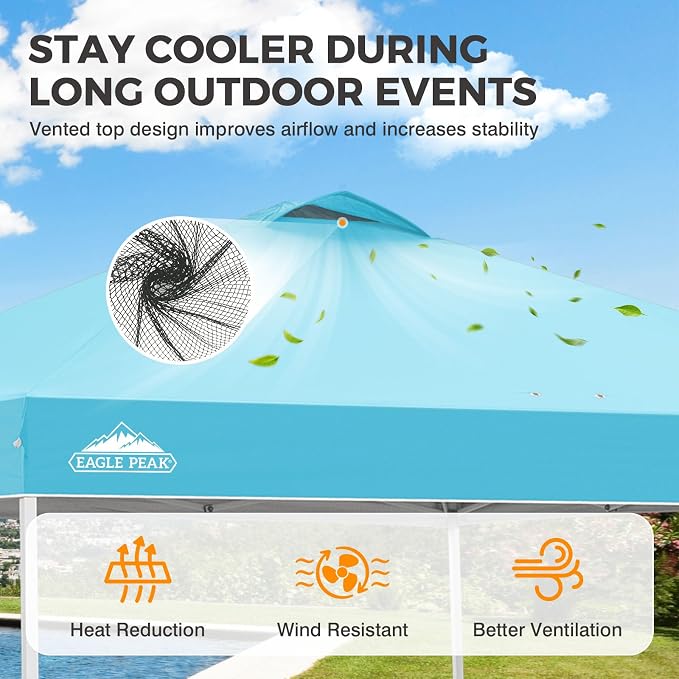 EAGLE PEAK Pop Up Canopy Tent with Wheeled Carry Bag, 8 Stakes, 4 Ropes, 4 Weight Bags, Easy Set Up Tent Canopy, 10x10 ft, 100sqft of Shade, Light Blue