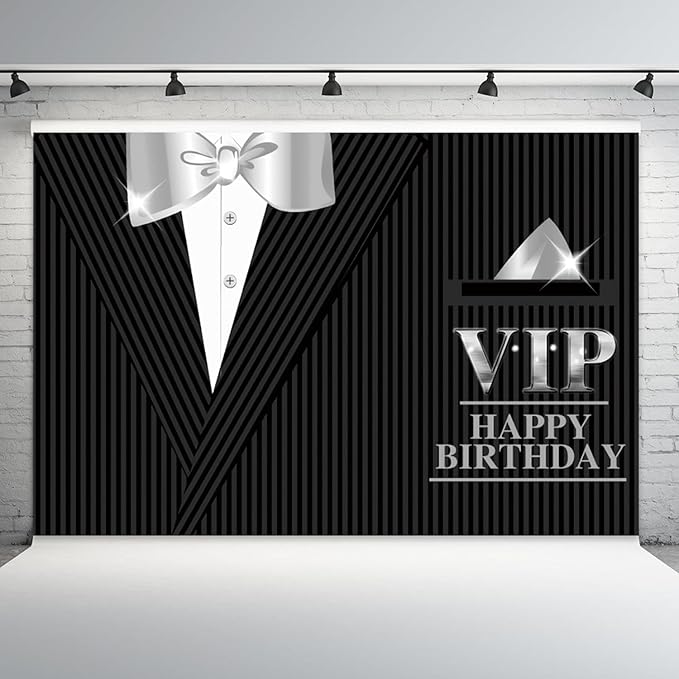 12x10ft Happy Birthday Backdrop VIP Photography Background Gentleman Black Tuxedo Suits White Shirts Silver Bow Tie Men Birthdays Party Banner Decorations Boys Kids Portrait Photo Booth Prop