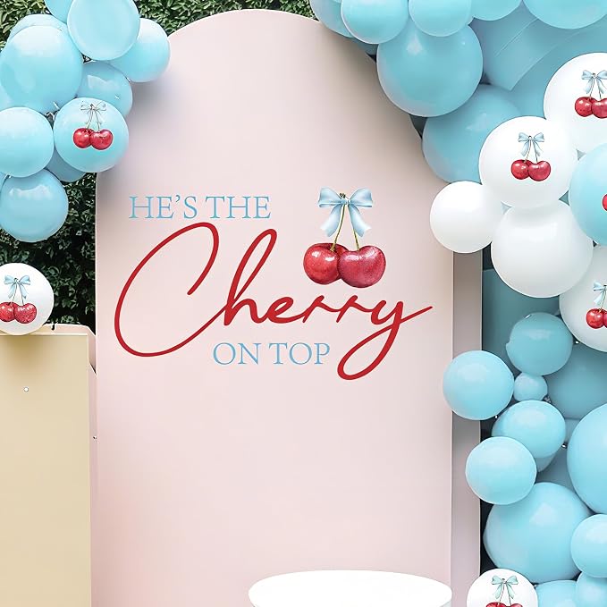 She’s The Cherry On Top Baby Shower Decorations - She’s The Cherry On Top Sign, Cherry Decal for Balloons Arch Backdrop, Blue First Birthday Decorations for Boys, 1St Party Supplies Banner for Boys