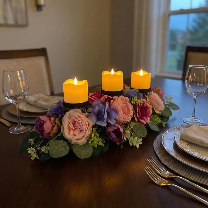 Svndlyn 25" Spring Summer Floral Candle Holder Centerpiece for Table Decor | Triple Candle Cups with Pink Roses, Blue Blooms and Greenery for Table and Summer Decor