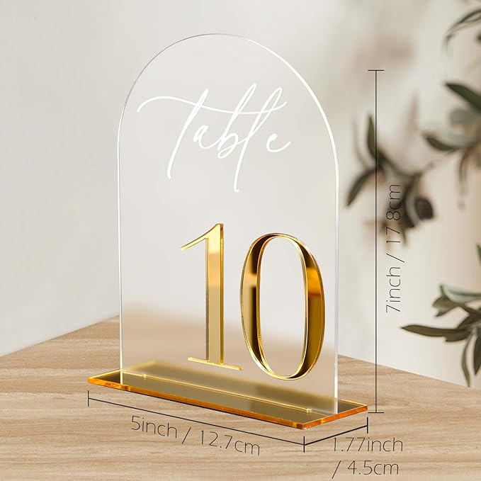 HOODO Frosted Arch Acrylic Wedding Table Numbers 1-15 with Stands, 5"x7" Arched Acrylic Signs with 3D Gold Numbers, Frosted 3D Table Numbers for Wedding Reception