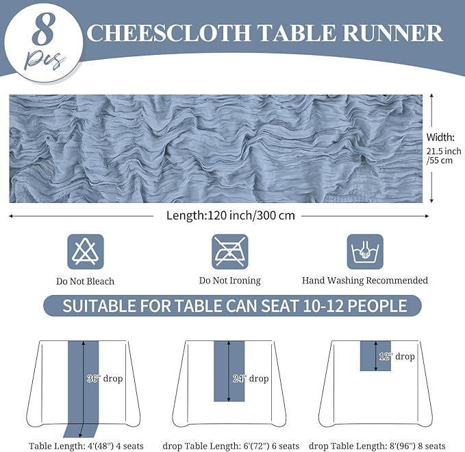 8 Pack 10Ft Cheesecloth Table Runner Dusty Blue, 20 x 120 Inch Rustic Gauze Boho Cheese Cloth Wedding Long Table Runner for Wedding Party Bridal Shower Decoration
