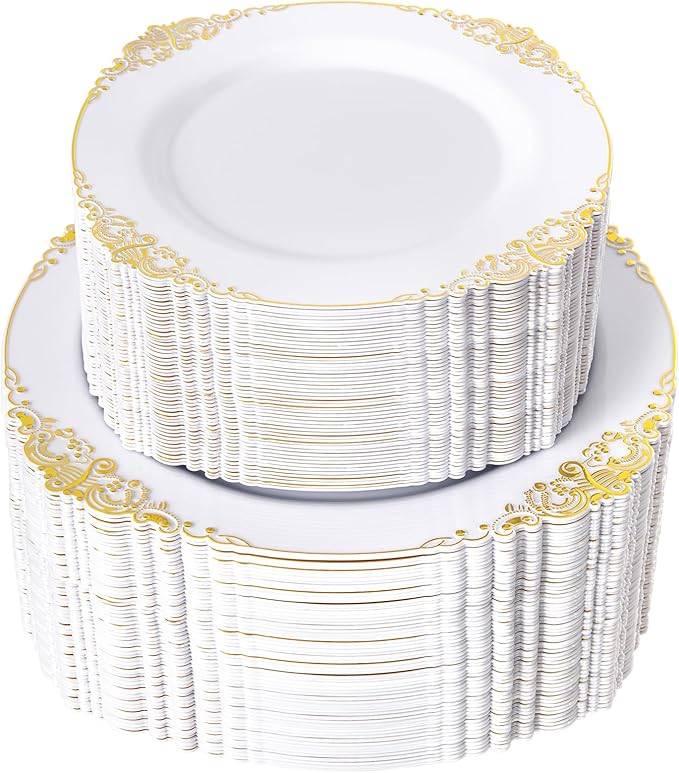 200PCS White and Gold Plastic Plates - Gold Disposable Plates - Gorgeous Wedding Plate 10inch Dinner & 7.25inch Dessert Plate for 100 Guests for Wedding & Party