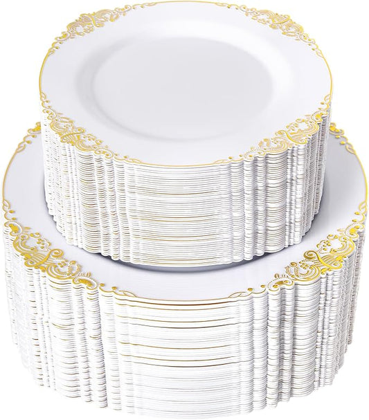 200PCS White and Gold Plastic Plates - Gold Disposable Plates - Gorgeous Wedding Plate 10inch Dinner & 7.25inch Dessert Plate for 100 Guests for Wedding & Party