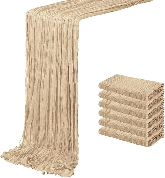 6 Pack Beige Cheesecloth Table Runner 20 x 120 inch Gauze Table Runners 10 FT Long,Semi Sheer Boho Cheese Cloth Fabric Table Runner Bulk for Party,Wedding,Baby Shower,Bridal Shower Decoration