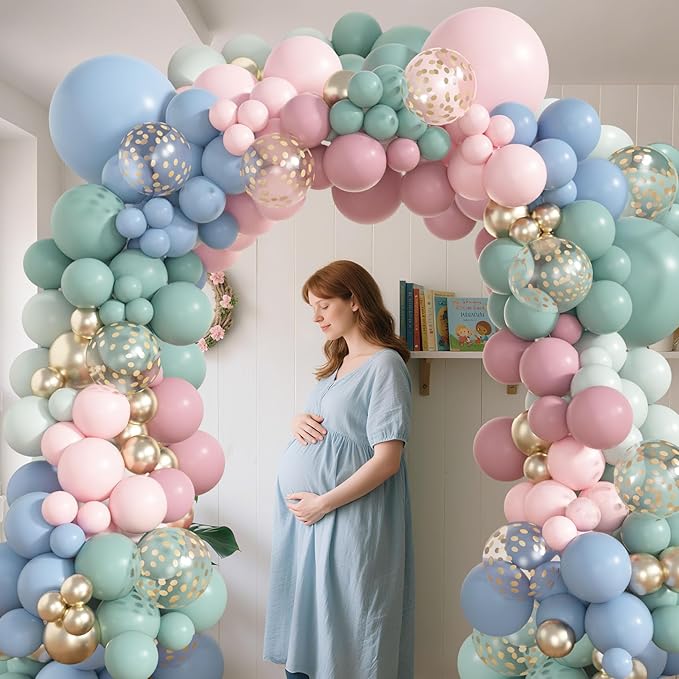Amandir 173Pcs Pink Blue Green Balloon Arch Garland Kit, Dusty Baby Pink Mauve Pastel Mist Haze Green Blue Gold Confetti Balloons for Easter Shower Gender Reveal Wildflower Birthday Party Decorations