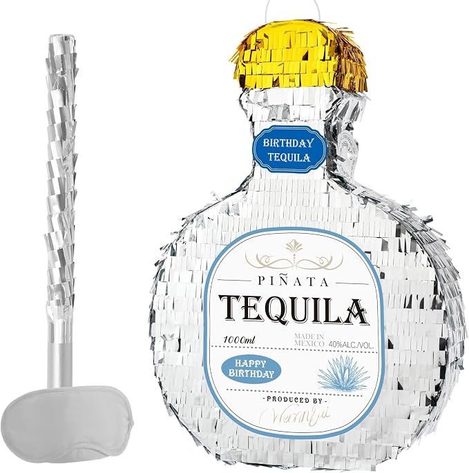 WERNNSAI Tequila Bottle Piñata - Disco Party Decorations for Adults Silver Patron Tequila Piñata with Blindfold for Bachelor Birthday Party Supplies 11.7” x 16.5”