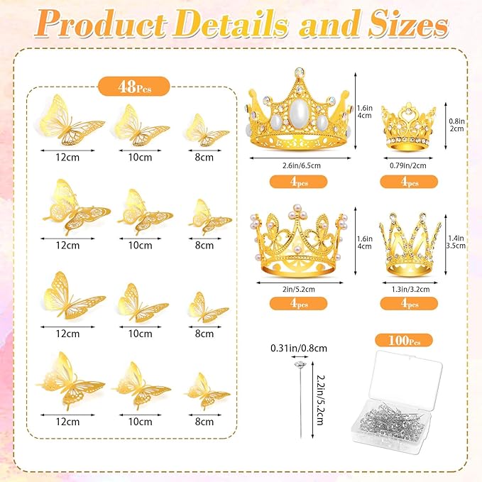 cridoz 164Pcs Flower Bouquet Accessories, 16Pcs Crowns for Flower Bouquets with 48Pcs Gold Butterfly Decorations and 100Pcs Diamond Pins for Flower Arrangements, Cake Topper Decor