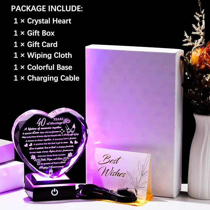 40th Wedding Anniversary Crystal Gifts for Couples Parents, Romantic Heart 40th Anniversary Keepsake Gifts for Her Him, 40 Years of Anniversary Marriage Gifts for Wife Husband