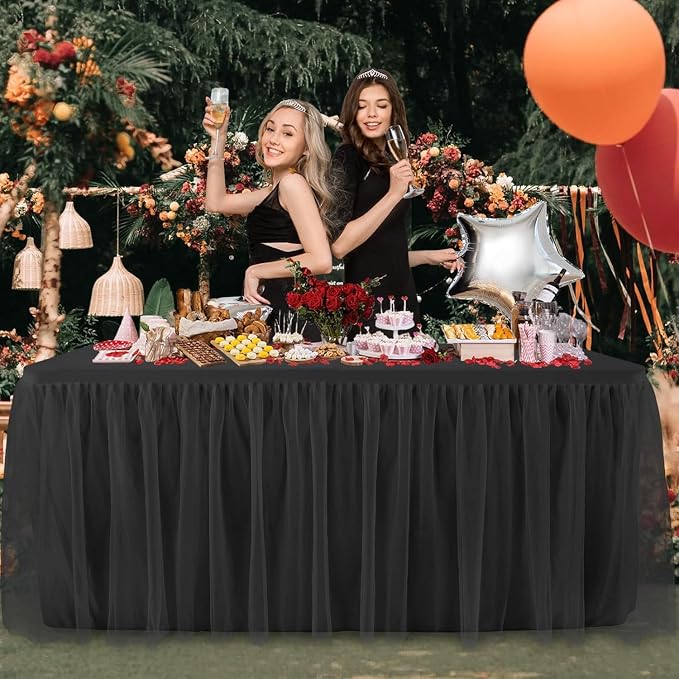 2 Pack Black Tulle Tablecloth Table Skirt for 6 Foot Rectangle Tables Birthday Table Cloths Ruffle Tutu Table Skirt Stretch Fitted Table Covers for Party Wedding Reception Baby Shower Banquet Decor