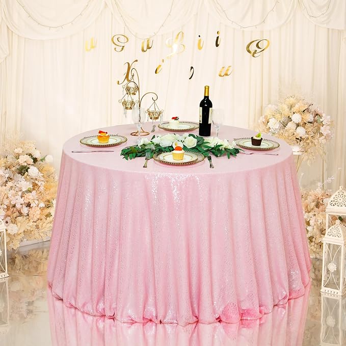 Eternal Beauty Pink Tablecloth, 120 Inch Round Sequin Tablecloth for Mother's Day Party Cake Dessert Table Exhibition Events