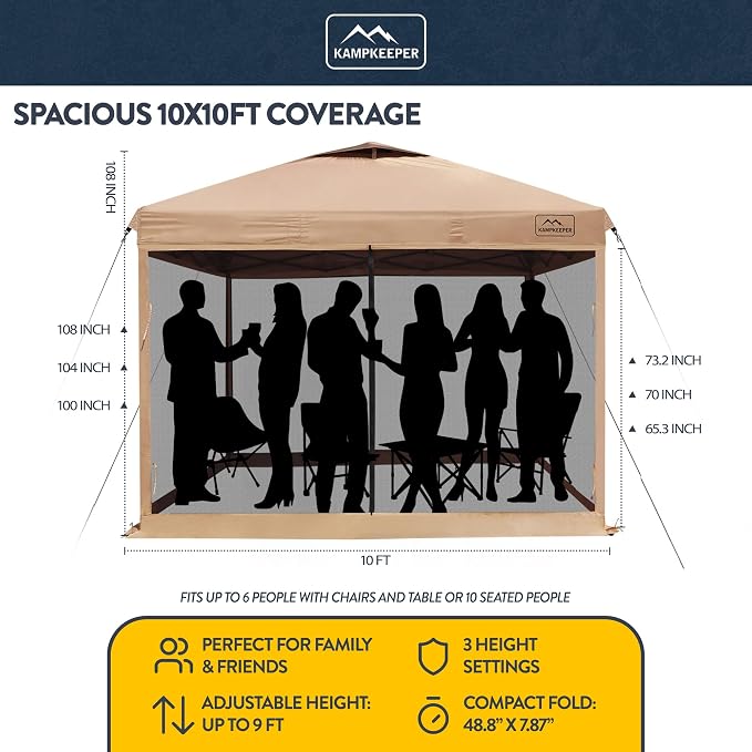 KAMPKEEPER 10x10 Pop-Up Canopy Tent, Waterproof Portable Shade with Screen Walls, Adjustable Instant Outdoor Shelter for Camping, Backyard, and Events, Khaki