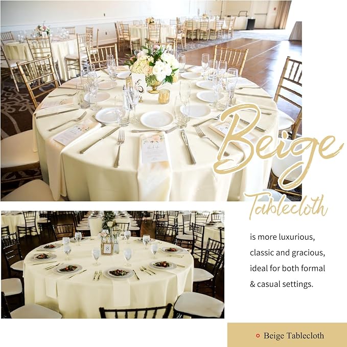 Showgeous 4 Pack Beige Round Tablecloth - 120 Inch Polyester Table Cloth - Washable Decorative Fabric Table Covers for Wedding, Dining, Party, Banquet, Buffet