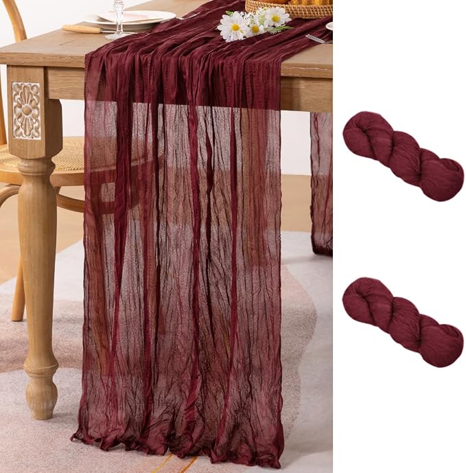 MLMC 2 Pack Burgundy Red Table Runner 10ft Wine Red Cheesecloth Table Runner Sheer Gauze Cheese Cloth Centerpiece 35x120 Inches for Wedding Bridal Shower Anniversary Events Decor