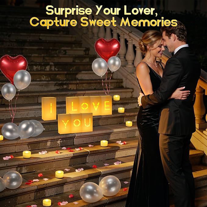 Lewondr I Love You Sign Light Up Letters, Valentines Day Decorations, Luminary Paper Bags with 6H Flameless Candles, Heart & Silver Balloons, 2000 Rose Petals, Surprise for Anniversary Romantic Decor