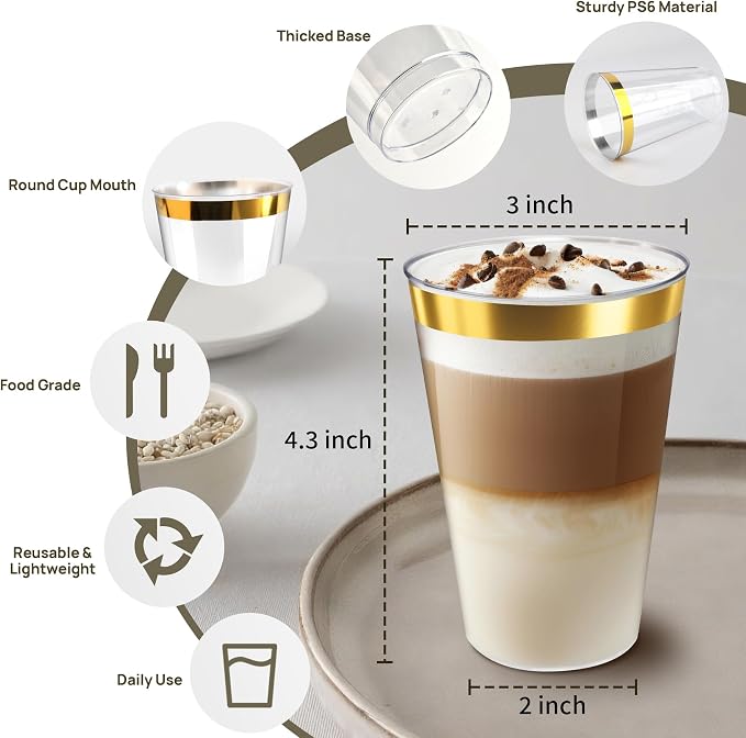 Byvivace 12OZ Plastic Cups with Gold Rimmed Sturdy & Food Safe Disposable Wine Glasses Weeding Party Cups Disposable Drinking Cups Plastic Cocktail Glasses for Wine, Juice & Cold Beverages [200 Pack]