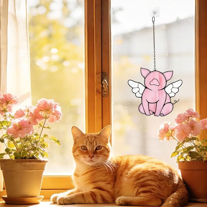 Flying Pig Suncatcher, Stained Glass Window Hanging Decor, Handmade Gift for Pig Lovers Women Mom - Funny Animal Party & Nursery Decoration