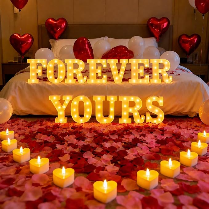 FOREVER YOURS Light up Letters, Include Tea Lights Candles, Latex Balloons, Aluminum Balloons and Rose Petals, Special Festival, Surprise Gifts for Women and Men