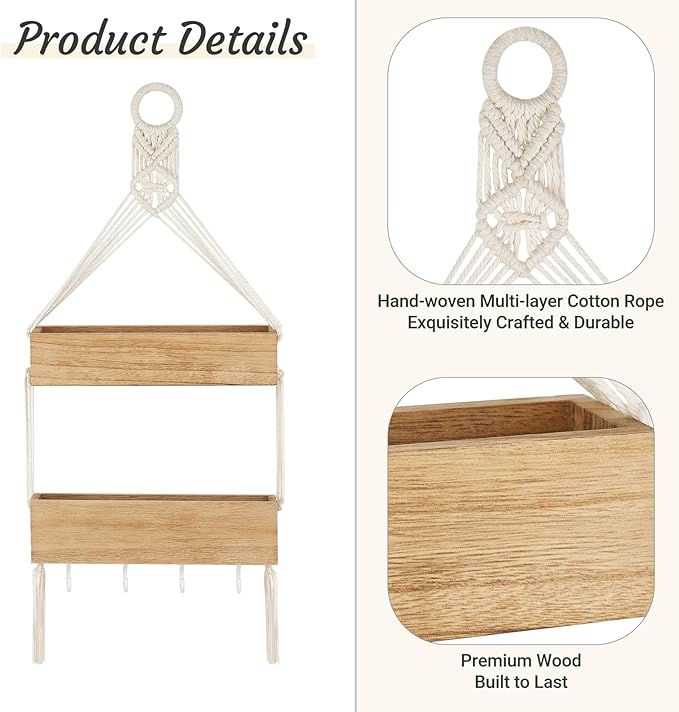 Mkono Macrame Hanging Photo Display Wall Decor with String Lights and Macrame Hanging Shelf for Bedside Shelf Organizer with Hooks
