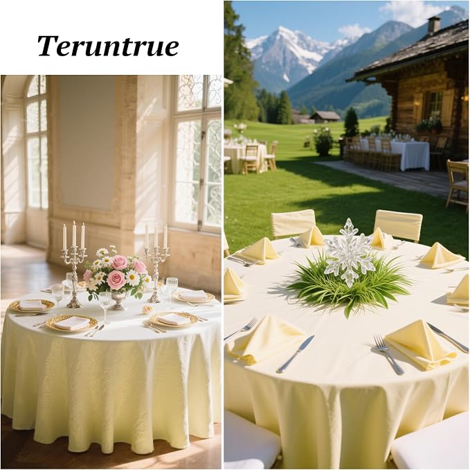 Teruntrue 12 Packs Beige Round Tablecloths 90 inch Round Table Cloth, Washable Polyester Fabric for Wedding Parties Banquet Holiday Dinner Table Decorative, Beige