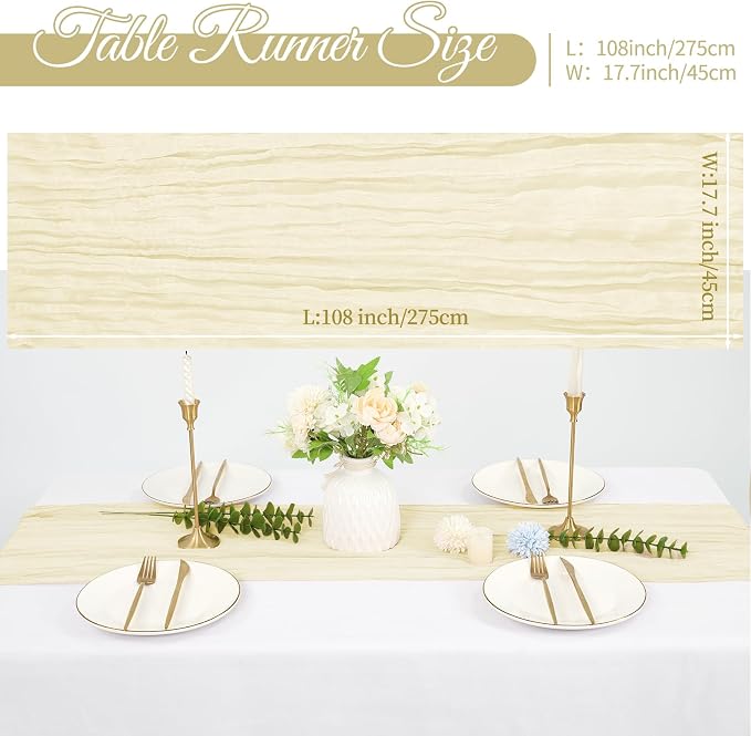 10 Pack Cheesecloth Table Runner 17 x 108 inch Long Boho Gauze Table Runners Semi Sheer Table Runner for Wedding Decor, Baby Shower, Birthday Party, Banquet (Ivory)