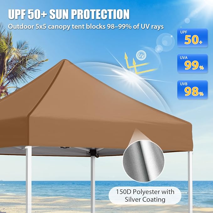 EAGLE PEAK 5x5 Pop Up Canopy Tent Instant Outdoor Canopy Easy Set-up Straight Leg Folding Shelter, Khaki