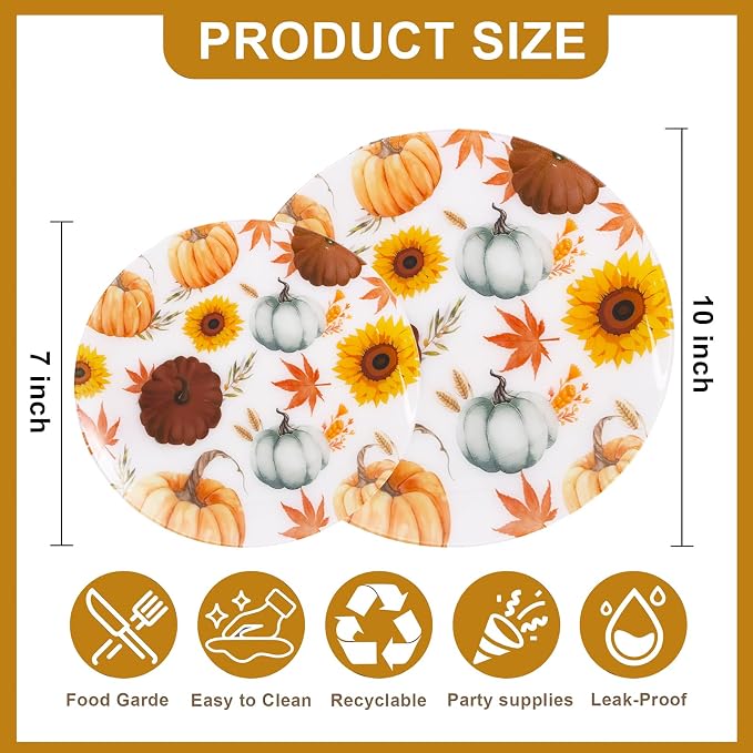 WDF 24Pcs Thanksgiving Plastic Plates - Heavy Duty Fall Plastic Plates - Gold Pumpkin and Sunflower Pattern for Thanksgiving Dinner & Parties (Pack of 2)
