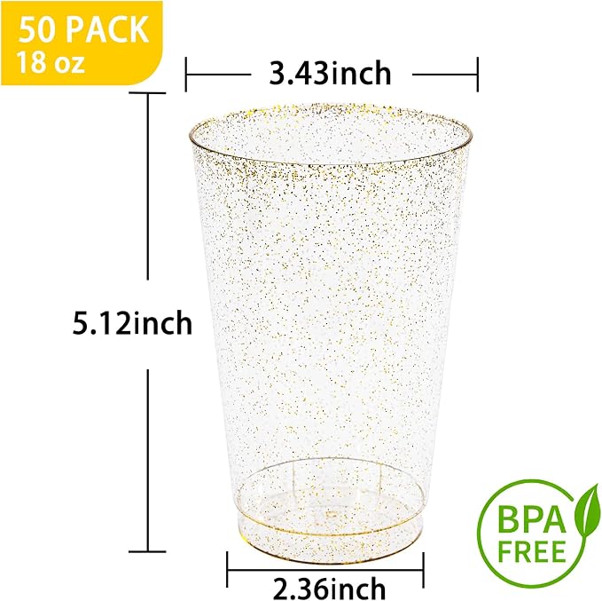 I00000 50 Pack 18 oz Gold Plastic Cups, Gold Glitter Cups Disposable Plastic Wine Glasses Cocktail Glasses Premium Cup, 18 Ounce Glitter Disposable Tumblers for Party & Wedding