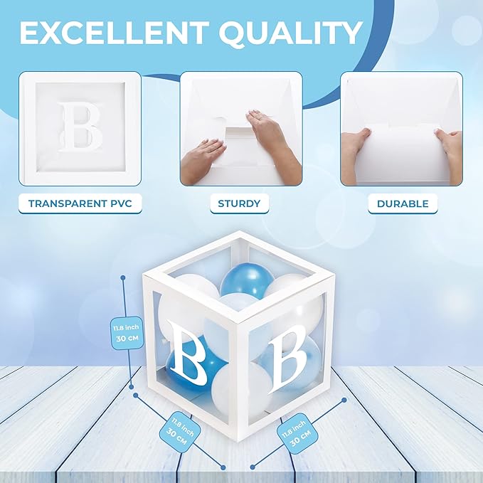 44-Piece Baby Shower Decorations for Boy or Girl - 4 Boxes with Letters and 32 Balloons - Classic White and Blue - Gender Reveal Party Supplies - Photo Shoot Backdrop Prop