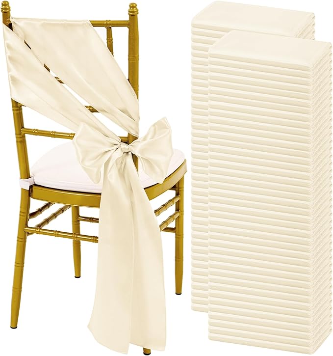 120 PCS Ivory Satin Chair Sashes, Ties Bows Designed Sashes for Washable Reusable Chair Covers Supplies for Wedding Reception Events Banquets Party Hotel Event Aisle Decorations (7 x 108 inch)