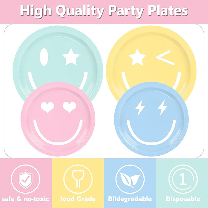 199PCS Smiley Face Birthday Decorations Smile Pastel Themed Preppy Theme Plates and Napkins Set,Balloon, Banner,Tablecloth, Hanging,Cupcake Topper,Smiley Pastel Birthday Party Supplies Serve 24 Guests