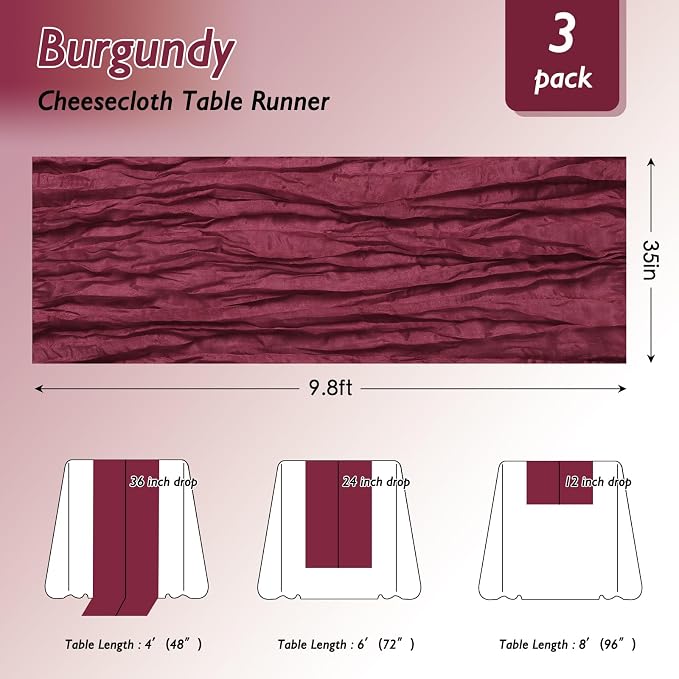 3 Pack Burgundy Red Cheesecloth Table Runner 120 Inch 10FT Cheese Cloth Fabric Runners for Banquet, Valentine's Day, Independence Day, Retro Decoration