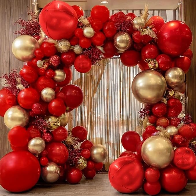 Red and Gold Balloon Garland Double Stuffed Ruby Red Gold Balloons Arch Kit With Mylar Balloon for Birthday Wedding Mother's Day Engagement Baby Shower Anniversary Party Decoration