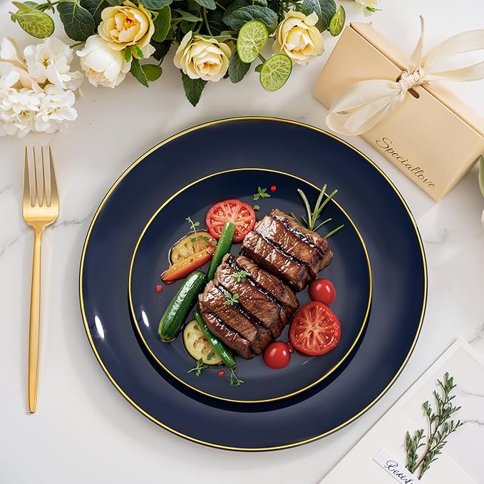 bUCLA 150PCS Blue and Gold Plastic Plates - 25 Guests Navy Blue Plastic Dinnerware Disposable for Party and Graduation - Include 25 Dinner/Dessert Plates, 25 Knives, 25 Forks, 25 Spoons, 25 Cups