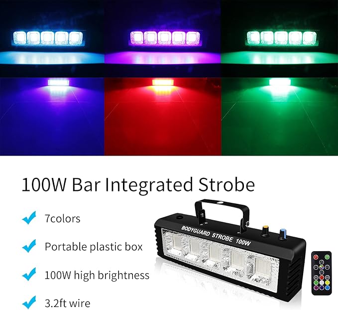 Strobe Stage Lights Sound Activated, 100W RGB LED Strobe Light, Halloween Light Effect with Remote Control, Professional DJ Party Lights for Banquet Host