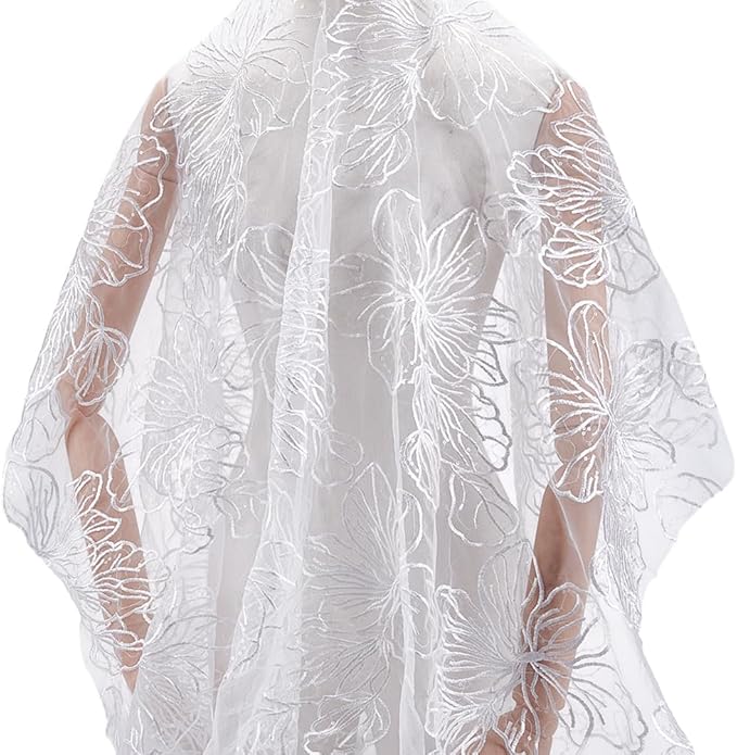 MAYJOYDIY 1 Yard 47~49 Inch Width White Flower Embroidered Lace Fabric Floral Petals Mesh Lace Trim Fabrics Wedding Accessories Tulle for DIY Wedding Dresses Half Skirt Dress Curtains