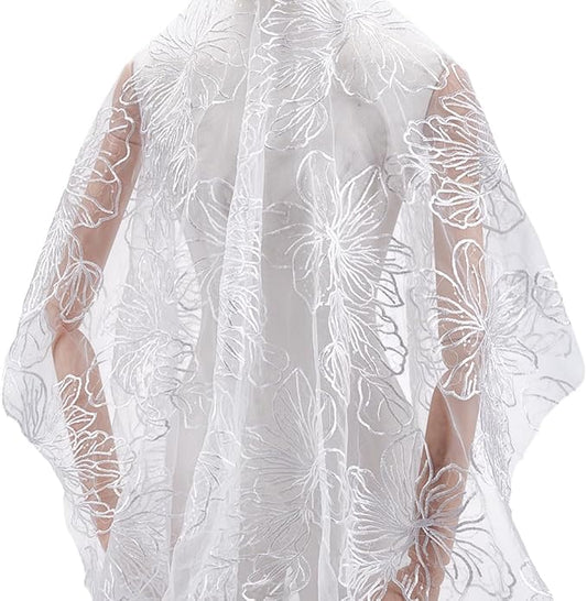 MAYJOYDIY 1 Yard 47~49 Inch Width White Flower Embroidered Lace Fabric Floral Petals Mesh Lace Trim Fabrics Wedding Accessories Tulle for DIY Wedding Dresses Half Skirt Dress Curtains