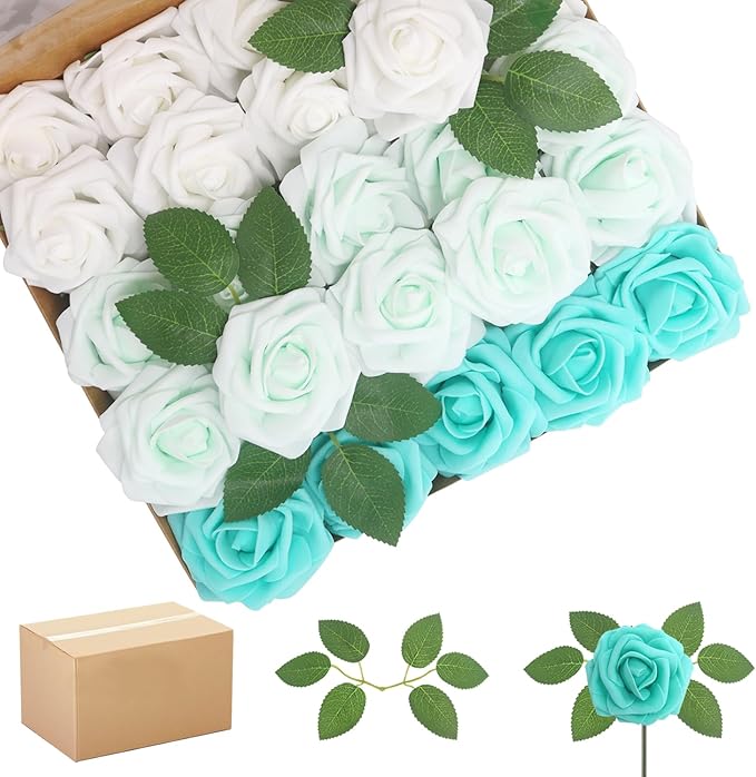 Artificial Flowers Roses Real Looking Foam Fake Roses with Leaves and for DIY Wedding Bouquets Bridal Shower Centerpieces Party Decorations (Green Series, 200)