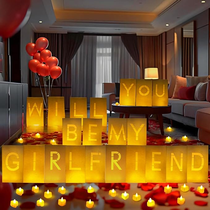 Will You Be My Girlfriend Light Up Letters Luminary Bags, Banner, Romantic Decoration Kit with 30PC Bright LED Candles and 2000PC Fake Rose Petals